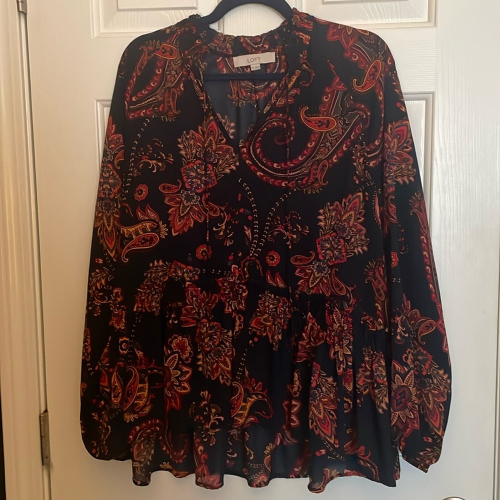 Boho yet business casual—LOFT peplum top- navy with vibrant paisley print